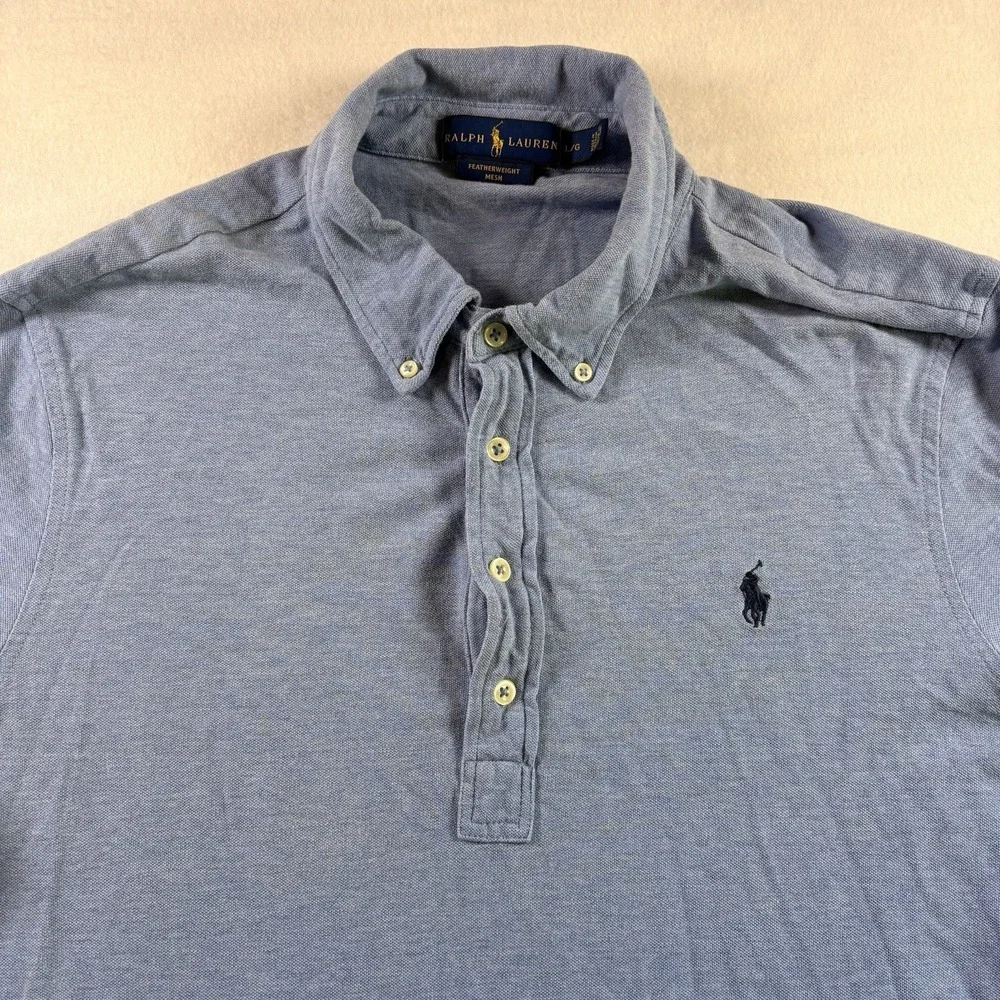 Ralph Lauren Mens Featherweight Mesh Long Sleeve Polo Shirt Blue L Button Down